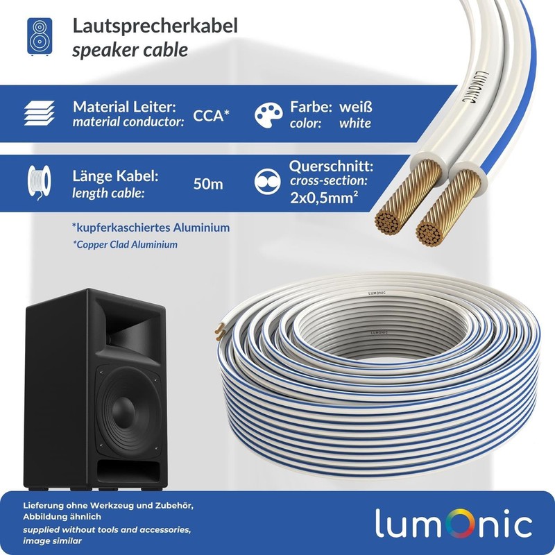Lumonic Lautsprecherkabel | 50m Weiß | 2X 0,5mm² CCA |