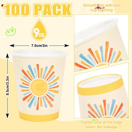 Whaline 100 Pcs Boho Sun Paper Cups Watercolor Blue Yellow Sunshine Disposable Cups for Hot Cold Drinks Birthday Baby Shower Here Comes the Son Party Table Supplies, 9oz