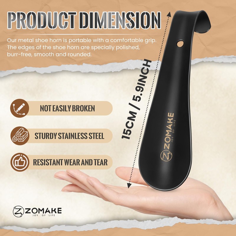 ZOMAKE Small Shoe Horn Metal Shoehorn 5.9 inch - Travel