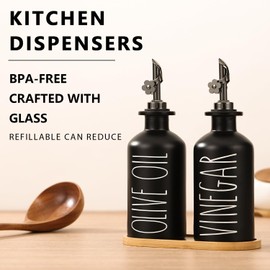 HOMCDALY Olive Oil Dispenser Bottle, Glass Olive Oil Bottle for Kitchen, Black Oil and Vinegar Dispenser Set with Bamboo Tray, Oil Dispenser for Kitchen, Oil Container| Set of 2 (11.8oz –P–Black)