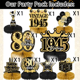 80th Birthday Decorations: Black Gold Birthday Table Decorations, 9pcs Cheers Birthday Party Decor Supplies Vintage 1945 Honeycomb Centerpieces for Men Women (Black & Gold 80th Table Decorations)