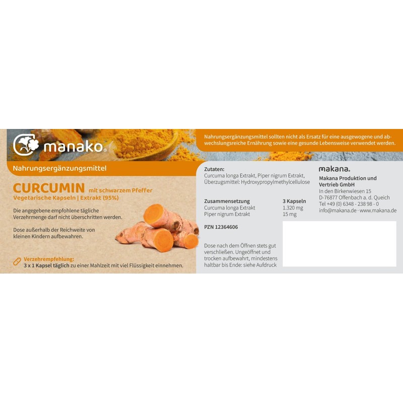 manako Curcumin Bioperine 120 Vegetarian Capsules (66g)