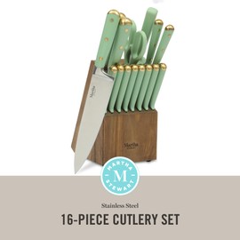 Martha Stewart Martha Stewart 16 Piece Lockton High Carbon Stainless Steel Cutlery Kitchen Knife Block Set W/ABS Tripe Riveted Forged Handle Acacia Wood Block - Sage Green W/Gold