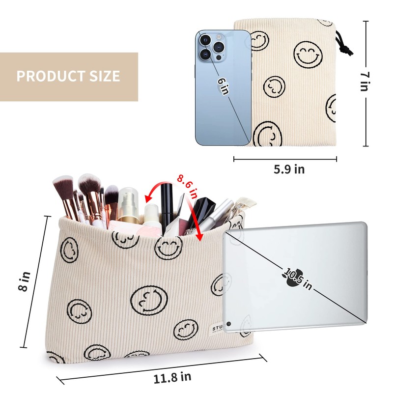 WLLWOO Makeup Bag-2pcs Smile Face Corduroy Cosmetic Bag Zipper Interior