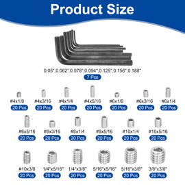 sourcing map Socket Set Grub Screws,390PCS #4x1/8 to 3/8"x3/8"- 304 Stainless Steel Hex Socket Cup Point Allen Screws with Hex Wrenches for Repairing Door Handles, Faucet (Silver)