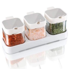 Mlici 8.6 oz Condiments Container Seasoning Jars, Kitchen Spicy Jars with Lids and Spoons, Tea Coffee Sugar Canisters Glass Spice Box, Set of 3 for Coffee Shop - White