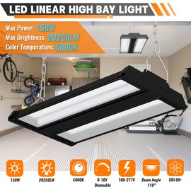 LED Linear High Bay Light 1-Pack, 150W 20250LM 0-10V Dimmable 5000K Daylight, Adjustable Black Tilt Hanging LED High Bay Shop Lighting Fixtures for Garage Warehouse Workshop