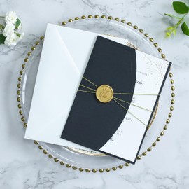 ponatia 20PCS Wedding Invitation Cards Kits - 5x7 Wrap Pocket Black Invitation Cards with Envelopes, Gold Wax Seals, Ribbons For Wedding, Baby Shower, Birthday, 15 XV Anos, Quinceanera Invitation