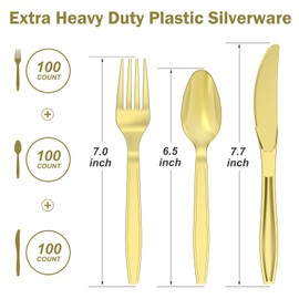 Dealusy 300 Count Extra Heavy Duty Gold Plastic Silverware, 100 Forks, 100 Spoons, 100 Knives, BPA-Free, Heat Resistant, Disposable Plastic Utensils Set, Plastic Cutlery Set, Plasticware Bulk