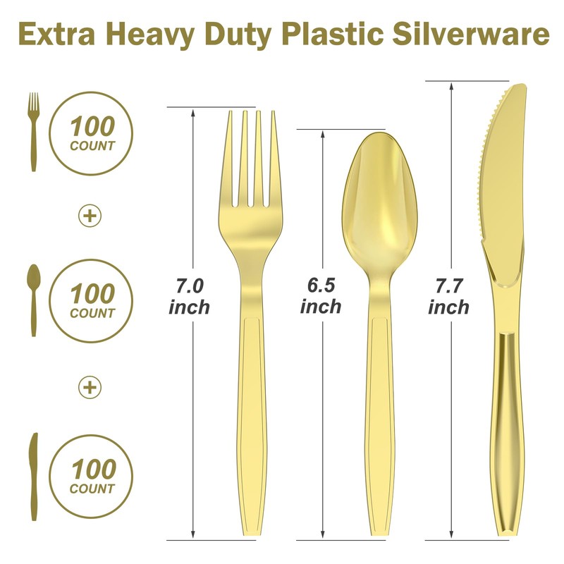 Dealusy 300 Count Extra Heavy Duty Gold Plastic Silverware, 100