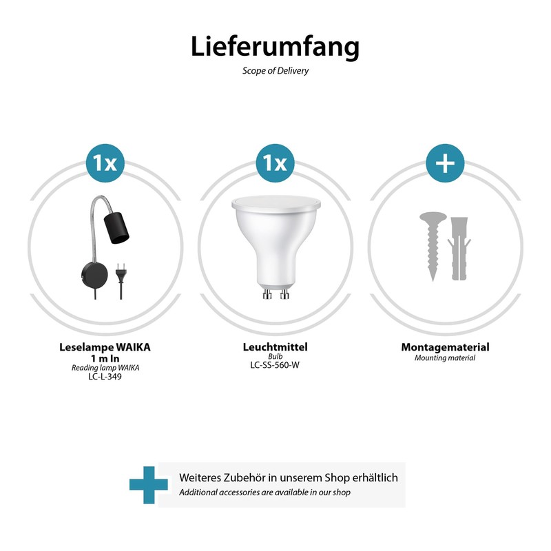 ledscom.de Waika Reading Light with Gooseneck Plug Switch Matte Black