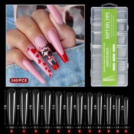 G&B 240Pcs Coffin Nail Tips, Long Coffin Press On Soft Gel X Nails, 12 Sizes Full Cover Acrylic False Nail Tips, for Beginner and Home Salon Diy