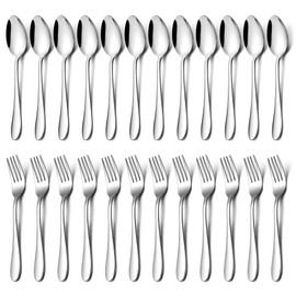 E-far 24-Piece Dinner Forks and Spoons, Stainless Steel Silverware Flatware Eating Utensils Set for Home Kitchen Restaurant, Food Grade Metal & Streamline Design, Mirror Finish & Dishwasher Safe, 8 In