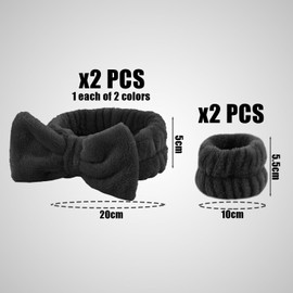 2 Pcs Hair Ties With 2 Pcs Wrist Towels, Elastic Face Wash Headbands For Women, Ladies Girls Accessories, Adjustable Elastic Hair Ties, Can Be Used For Makeup, Shower (Black, White)