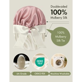 LilySilk Double Sided Silk Bonnet 100% Women Pure Mulberry Silk Reversible Sleep Cap Long Tie Bow Hair Wrap Night, Rosy Pink & Ivory