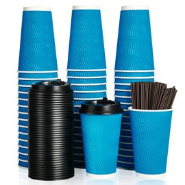 DAILYPACK 80 Count 16 oz Coffee Cups with Lids and Straws, Insulated Ripple Wall Paper Hot Coffee Cups for Home, Office, Hotel, Meetings, Parties