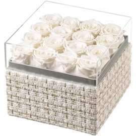 Eterfield Forever Flowers Preserved Flowers for Delivery Prime Real Roses That Last Over a Year Gifts for Her Mothers Day Valentines Day (Square Gold White Plaid Box, 16 White Roses)