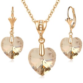 EVEVIC Austrian Crystals Heart Pendant Necklace Earrings for Women 14K Gold Plated Hypoallergenic Leverback Drop Dangle Earring Jewelry Set (Light Topaz)