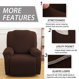 Elehealthy Funda elástica para Silla reclinable, 4 Piezas, Funda Protectora de sofá reclinable de 1 Plaza, Funda Protectora para Muebles con Parte Inferior elástica y Bolsillo Lateral (café)