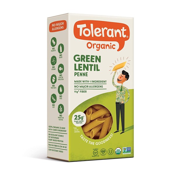 Tolerant Organic Gluten Free Green Lentil Penne Pasta, One 8 Ounce Box, Plant Based Protein, Vegan Pasta, Single Ingredient Protein Pasta, Whole Food, Clean Pasta, Low Glycemic Index Pasta