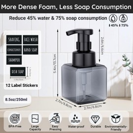 Segbeauty Foam Soap Dispenser for Kitchen Sink 8.5oz, 4pcs Sqaure Foam Pump Bottle Set Gray 250ml, Small Plastic Foaming Soap Dispenser Bathroom, Leakproof Empty Foaming Pump Bottles with Stickers