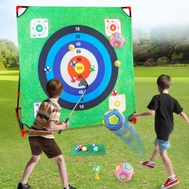 Meideh Golf Chipping Game with Stand - 4 in 1 Golf Target Battle Game with Sticky Balls, Soccer Goals Games, Axe Throwing, Bean Bag Tossing - Fun Outdoor Backyard Games for Chipping Practice