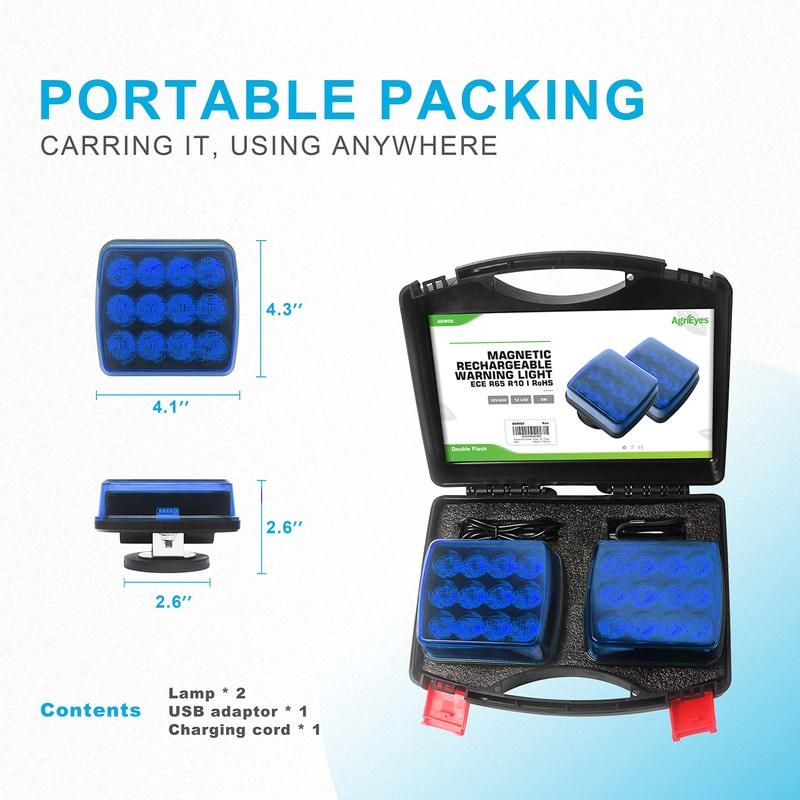Agrieyes Blue Rechargeable Flashing Lights, Magnetic Strobe Light for Vehicles,
