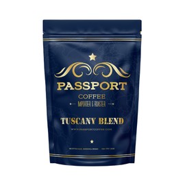 Passport Coffee Tuscany Blend - Medium & dark roast blend from Sumatra, Guatemala & Ethiopia. Flavor notes of caramel and rich chocolate. Premium whole bean coffee, 12oz Bag