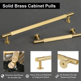 QOGRISUN 2-Pack Solid Brass Cabinet Pulls,Grooved Gold Bar Handles, 12-3/5-Inch Hole Center for Kitchen Drawer Dresser Cupboard, 15.2-Inch Total Length, Brushed Brass Finish – Eleganza