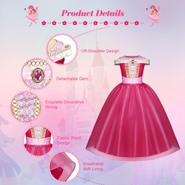 URAQT Aurora Girls' Princess Dress, 3-Piece Sleeping Beauty Children's Girls Costume Set with Crowns, Wand Accessories, Rose Red Lace Princess Dress for Carnival, Christmas, Theme Party, Cosplay 120