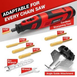 SHALL Electric Cordless Chainsaw Sharpener Kit, with 6 Titanium-Coated Diamond Drill Bits and Angle Guide, for All Chainsaws Chains