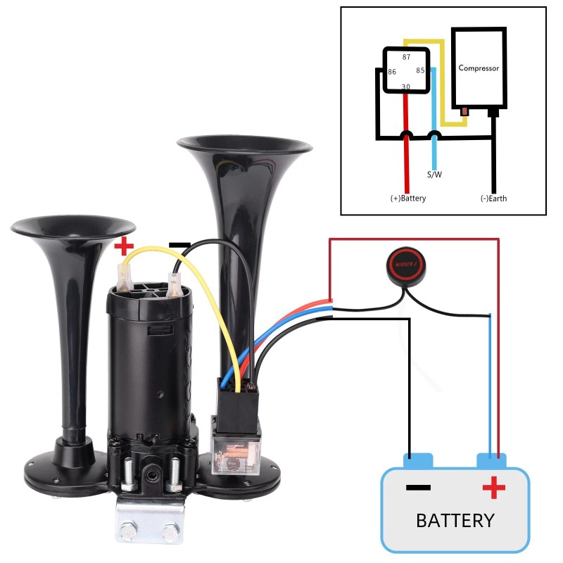 FARBIN Black air horn with button for truck trains, 12V