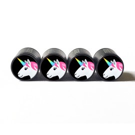 AutoValveCaps Colorful Unicorn (Type 3) Emoji Tire Valve Caps - Black Aluminum - Set of Four