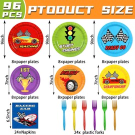 96Pcs Race Car Birthday Party Plates and Napkins Forks for Race Car Party Decorations Checkered Flag Racing Themed Paper Plates Tableware Set for Kids Boys Serves 24 Birthday Party Supplies Favors