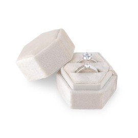 AIEX - Caja de terciopelo para joyas, doble ranura hexagonal para compromiso, ceremonia, boda, día de San Valentín, 2 anillos (beige)