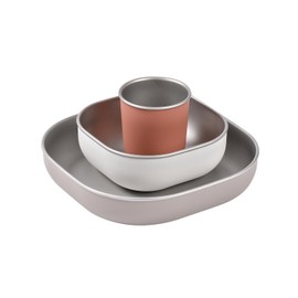 BEABA Stainless Steel Meal Set | Microwave and Oven Safe | Baby Plates Baby Bowls and Cup with Anti-Slip Silicone Cover | Kids Plates Non Toxic, Terracotta