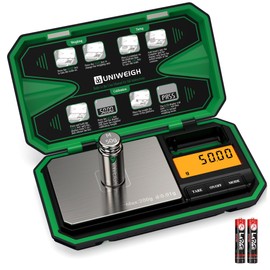 UNIWEIGH Digital Pocket Scale Precision 200g/0.01g, Digital Scale Grams Ounces, Mini Jewelry Scale, Coins Scale with 50g Cal Weights for Gold/Silver/Gems/Food,(Battery Included)-Green