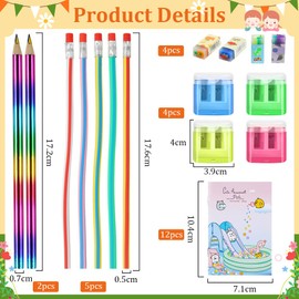 AUAUY 27pcs Kids Party Bag Filler Set, Bendy Pencils, Colored Pencils, Notebook, Pencil Sharpener, Eraser, Entrance School Gifts for Boys & Girls, Magic Bend Toys Party Favor Supplies for Students