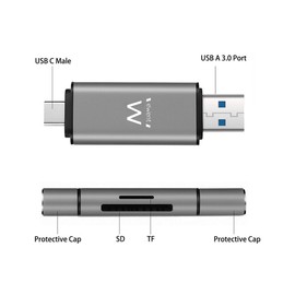 Ewent ew1075 Memory Card Reader SD/SDHC/SDXC/Micro SD, 2 in 1 USB 3.1 Type C + USB 3.1 Type A for PC, Laptop, Laptop Macbook Pro, Black