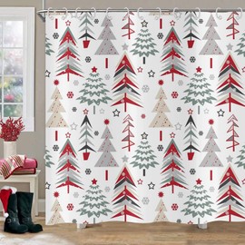 ASDCXZ Christmas Shower Curtain 180 x 200 cm, Red Green Grey Christmas Tree Snowflakes Winter Decoration Bathroom Washable Shower Curtains Polyester Textile Waterproof Shower Curtain for Bath with 12