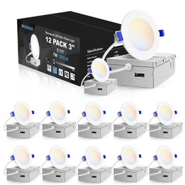 VOLISUN 12 Pack 3 inch Recessed Lighting, 5CCT LED Recessed Light with Junction Box, 2700K-5000K Selectable, Dimmable Canless Wafer Downlight, LED Ceiling Light ETL Certificated