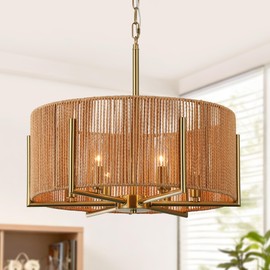 Bosomfr 6-Light Hand-Woven Rattan Chandelier, 19.7" Farmhouse Boho Chandelier, Adjustable Rustic Wicker Ceiling Light Fixture for Dining Room Kitchen Island Bedroom Hallway Entryway
