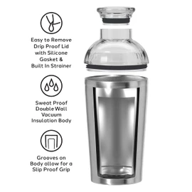 OGGI Groove Insulated Cocktail Shaker-17oz Double Wall Vacuum Insulated Stainless Steel, Tritan Lid has Built In Strainer, Ideal Cocktail Mixer, Martini Shaker, Margarita Shaker, Stainless