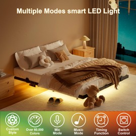 LUKIROYAL Floating Bed Frame with Smart LED Lights and Charging Station, 7 Inch Full Size Floating Bed Frame with Lights, No Box Spring Needed, Easy to Assemble.