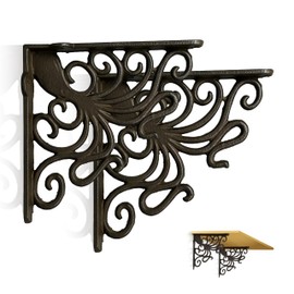 Linton Arts 2 Pack Octopus-Decorative Shelf Brackets, 5.18x5.18 Inch Cast Iron Wall Shelf Bracket,Decorative L Brackets, Hardware Included