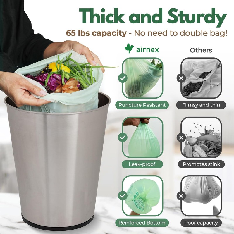 AIRNEX Compostable Kitchen Trash Bags 8 Gal - Cornstrarch Leakproof