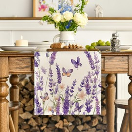 Artoid Mode Purple Lavender Floral Butterflies Spring Table Runner, Seasonal Summer Kitchen Dining Table Decoration for Home Party Decor 13x60 Inch