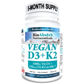 Vegan Vitamin D3 1000 IU + Vitamin K2 MK-7 Form (120 mcg). 150-Day Supply, 150 Vegetarian Capsules