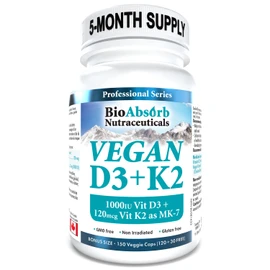 Vegan Vitamin D3 1000 IU + Vitamin K2 MK-7 Form (120 mcg). 150-Day Supply, 150 Vegetarian Capsules
