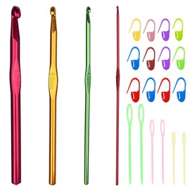 Set of 4 Crochet Hooks, Crochet Hook Set, Aluminium Knitting Needles, Multicoloured Aluminium Knitting Needles, Includes Stitch Markers and Plastic Needles with Large Eye